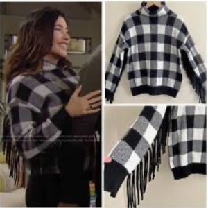 Ralph Lauren Women’s Buffalo Plaid Fringe Sleeve Sweater Black White